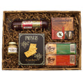 Charcuterie snack gift box with salami, crackers, cheese spread and meat packages