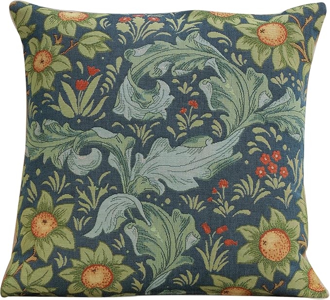 Square tapestry pillow cover in blue with woven botanical floral vine pattern