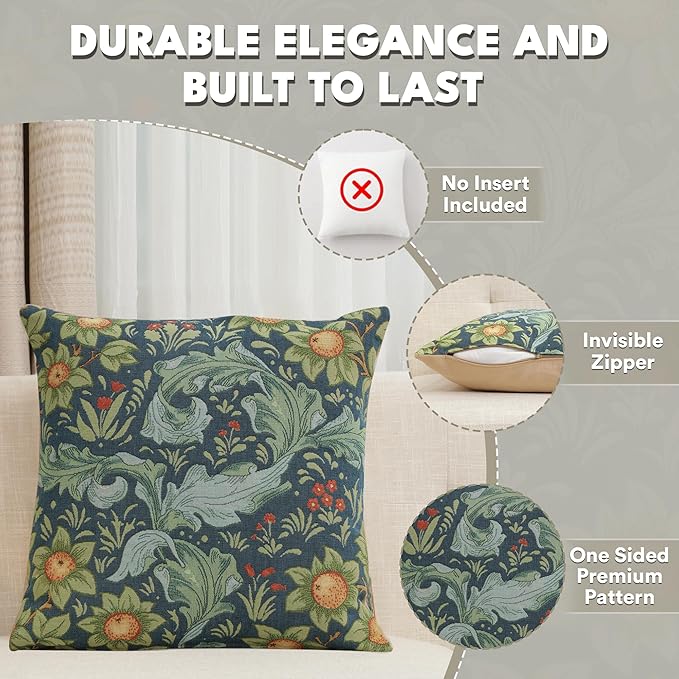 Square blue botanical tapestry pillow cover with multicolor flowers and foliage