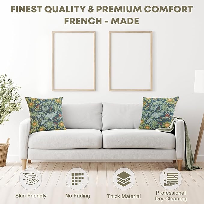 Square blue floral tapestry pillow cover on a sofa, woven jacquard botanical pattern