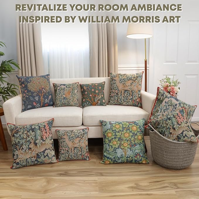 Square blue and green floral tapestry pillow cover displayed on living room seating