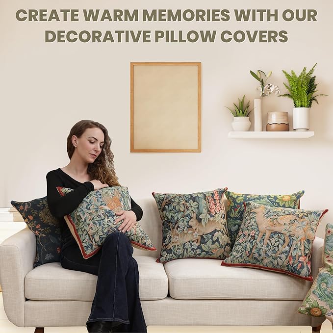 Square blue floral tapestry pillow cover with woven botanical foliage pattern