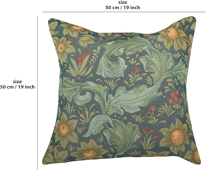 19x19 in square blue floral tapestry pillow cover, botanical foliage woven pattern