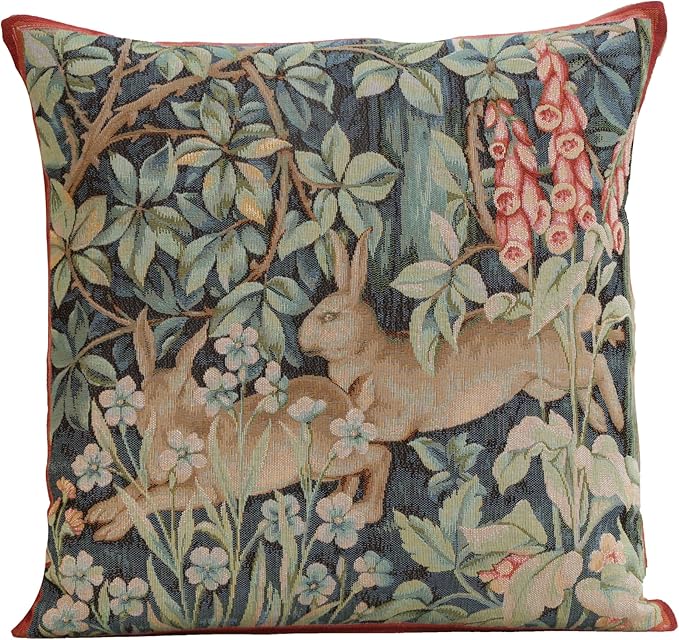 Square decorative tapestry pillow cover with rabbit, leaves, and floral design in dark green tones
