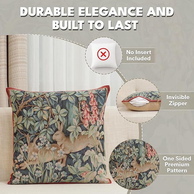 Square tapestry pillow cover with rabbit-and-flower design and invisible zipper opening diagram