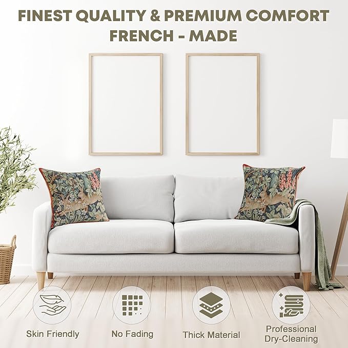 Set of square tapestry pillow covers with rabbit, leaves, and floral pattern on a light sofa