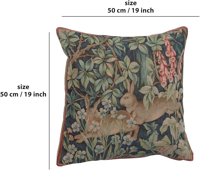 Square tapestry pillow cover, rabbit and floral design; 19 x 19 in size shown