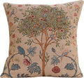 Beige woven tapestry pillow cover with tree, blue birds, and red floral embroidery, square