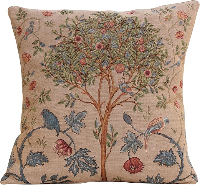 Beige woven tapestry pillow cover with tree, blue birds, and red floral embroidery, square