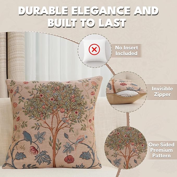 Beige square pillow cover with tree-and-bird tapestry design