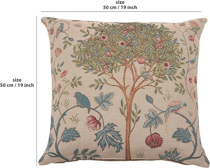 Beige 19x19 in square tapestry pillow cover with tree, blue birds, and floral motif