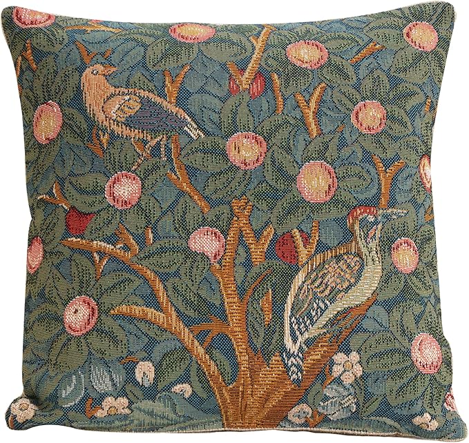 Square decorative pillow cover with woven bird and branch motif in teal and rust