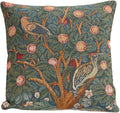 Square decorative pillow cover with woven bird and branch motif in teal and rust