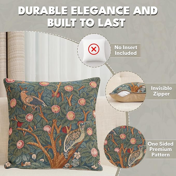 Square tapestry pillow cover with bird and floral pattern, teal background and rust accents