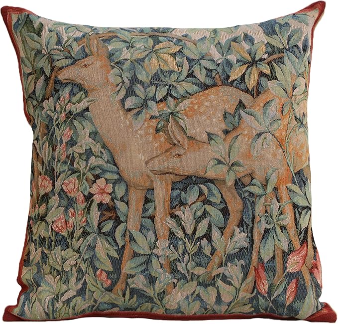 Decorative tapestry pillow cover with deer and leafy branches, blue-green tones, red piping