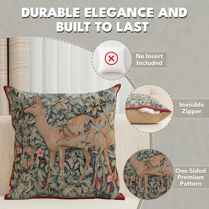 Square tapestry pillow cover with deer in foliage pattern, blue-green and red trim