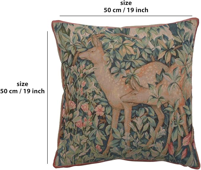 Square tapestry pillow cover with deer in leaf pattern, blue-green tones, red border