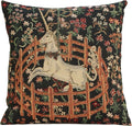 Unicorn tapestry pillow cover, dark green with brown fence, cream unicorn, floral accents, square