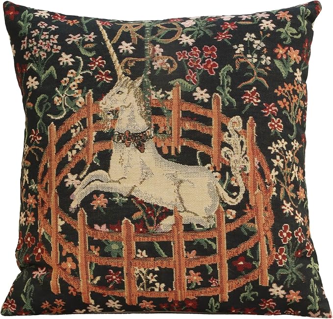 Unicorn tapestry pillow cover, dark green with brown fence, cream unicorn, floral accents, square