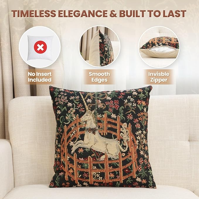 Unicorn tapestry pillow cover, dark green with brown fence, cream unicorn, floral pattern