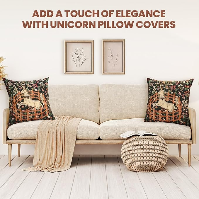 Two unicorn tapestry pillow covers, dark green with brown fence, cream unicorn, floral accents