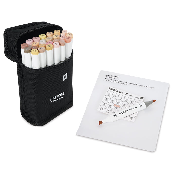 artPOP! Chisel and Brush Dual Tip Alcohol Art Marker Set - Set of 25, Portrait, open packaging next to swatch card