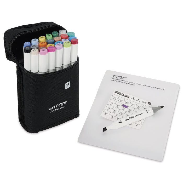 artPOP! Chisel and Brush Dual Tip Alcohol Art Marker Set - Set of 25, Assorted, swatch card and open packaging