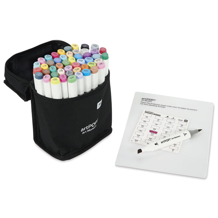 artPOP! Chisel and Brush Dual Tip Alcohol Art Marker Set - Set of 49, Assorted, swatch card next to packaging