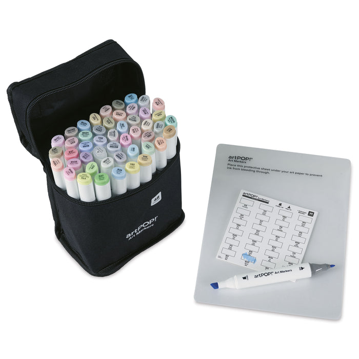 artPOP! Chisel and Fine Dual Tip Alcohol Art Marker Set - Set of 49, Pastel, swatch card next to packaging