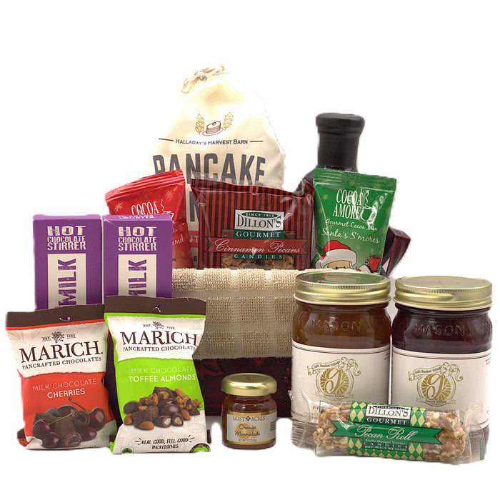 Festive breakfast gift tray with fabric liner and assorted packaged treats and jars