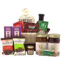 Festive breakfast gift tray with fabric liner and assorted packaged treats and jars