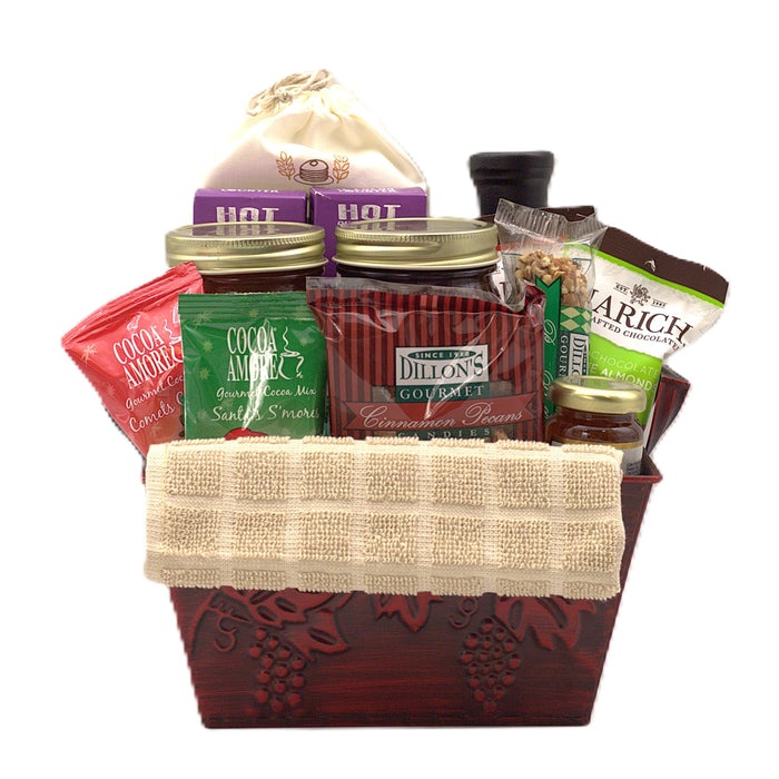 Christmas breakfast gift tray with burlap liner and assorted snack boxes, jars, and bottles