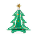 Green Christmas tree-shaped standing balloon with gold star topper and printed ornaments.