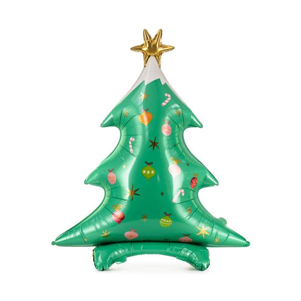 Green Christmas tree-shaped standing balloon with gold star topper and printed ornaments.