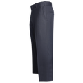 Product shot showing a dark navy men's trouser with a classic fit and a subtle sheen featuring a neatly pressed crease and a small coin pocket a clean minimalist style