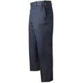Product shot of navy blue uniform pants featuring a  belt loop, a side pocket, and a hidden back pocket showcasing a crisp crease and subtle texture