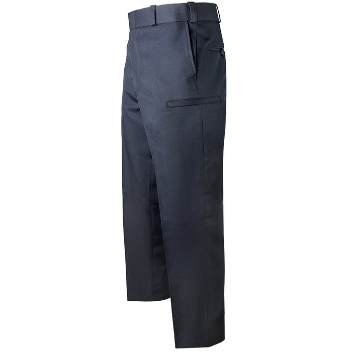 Product shot of navy blue uniform pants featuring a  belt loop, a side pocket, and a hidden back pocket showcasing a crisp crease and subtle texture
