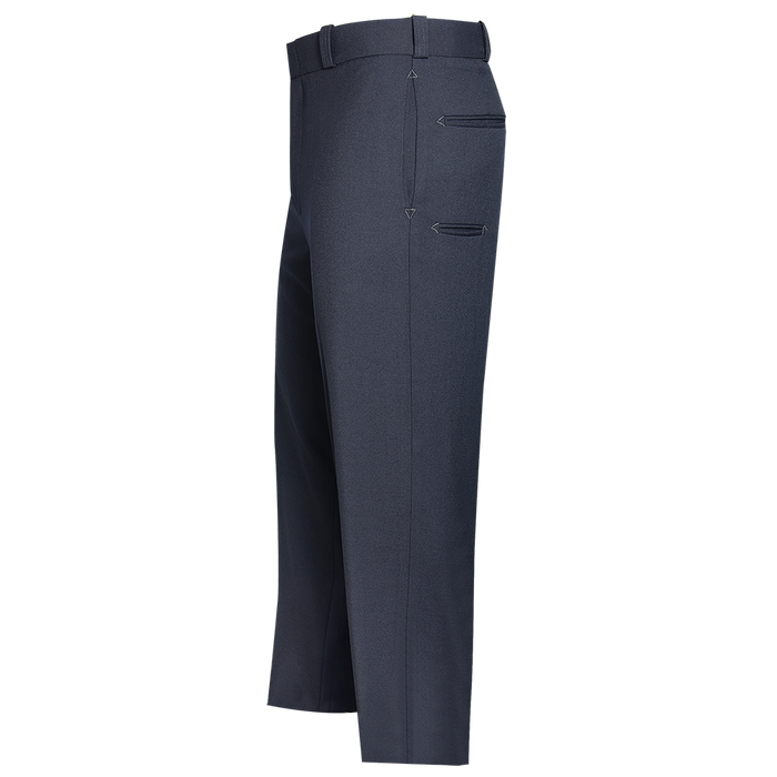 Product shot of dark navy women's trousers featuring a center crease, two slanted welt pockets, and subtle stitching details
