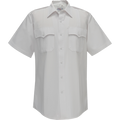 Product shot of a Flying Cross short sleeve white uniform shirt featuring a button-down collar, two flapped chest pockets and pearlescent buttons