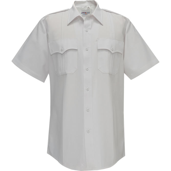 Product shot of a Flying Cross short sleeve white uniform shirt featuring a button-down collar, two flapped chest pockets and pearlescent buttons