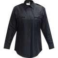 Product shot of a Flying Cross women's long-sleeve black uniform shirt featuring a button-down collar, two chest pockets, and black buttons showing the shirt's durable fabric and tailored fit