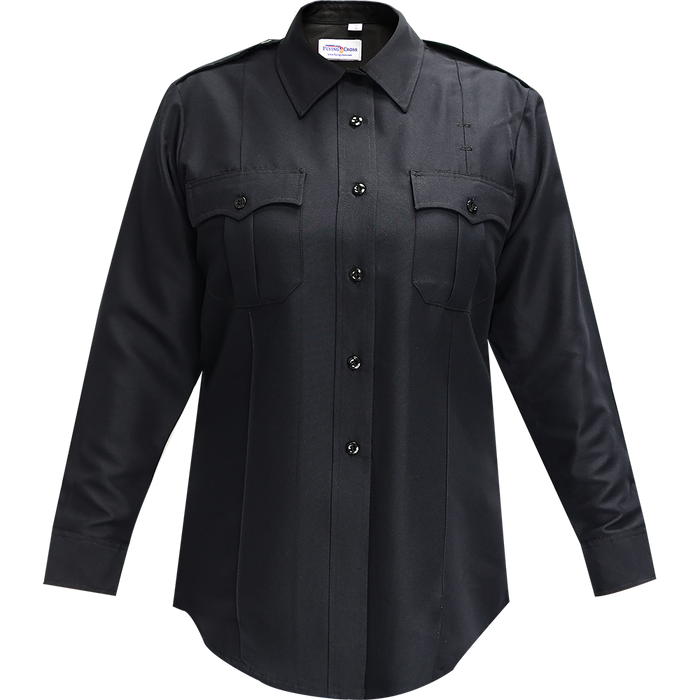 Product shot of a Flying Cross women's long-sleeve black uniform shirt featuring a button-down collar, two chest pockets, and black buttons showing the shirt's durable fabric and tailored fit
