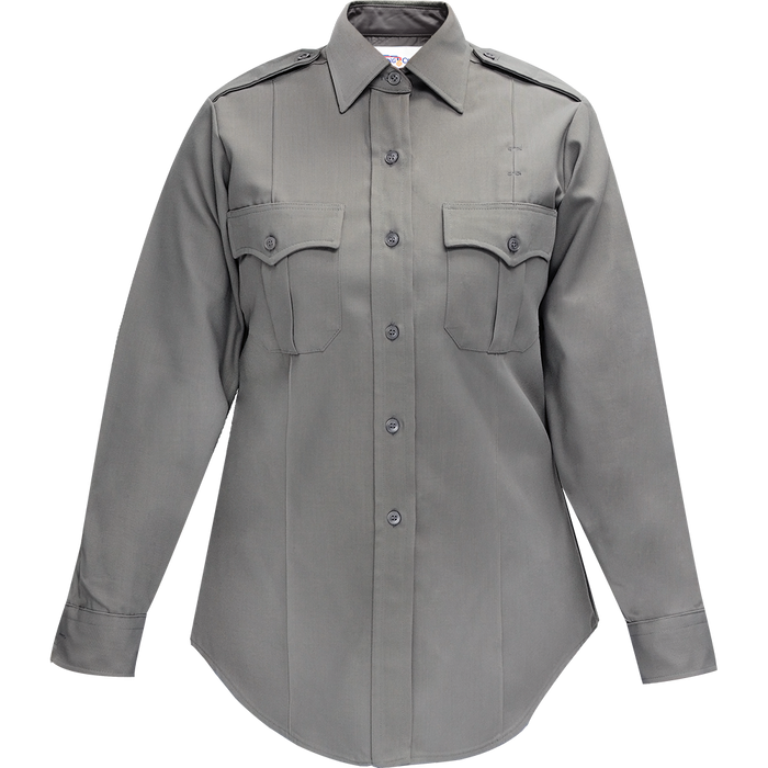 Product shot of a women's long-sleeve, gray, button-down shirt with epaulets and two chest pockets featuring a tailored fit and dark gray buttons