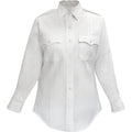 Product shot of a women's long-sleeved white uniform shirt featuring two breast pockets and a button-down front with pearlescent buttons and crisp pleats