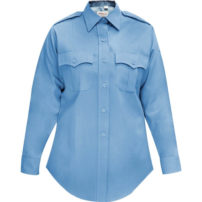 Product shot of a light blue long-sleeved  Flyer's Cross women's uniform shirt featuring two chest pockets and button-down front  with a crisp collar and neatly stitched cuffs