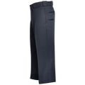 Product shot of dark-grey uniform pants featuring two zippered pockets and a sharply creased leg showing subtle stitching details