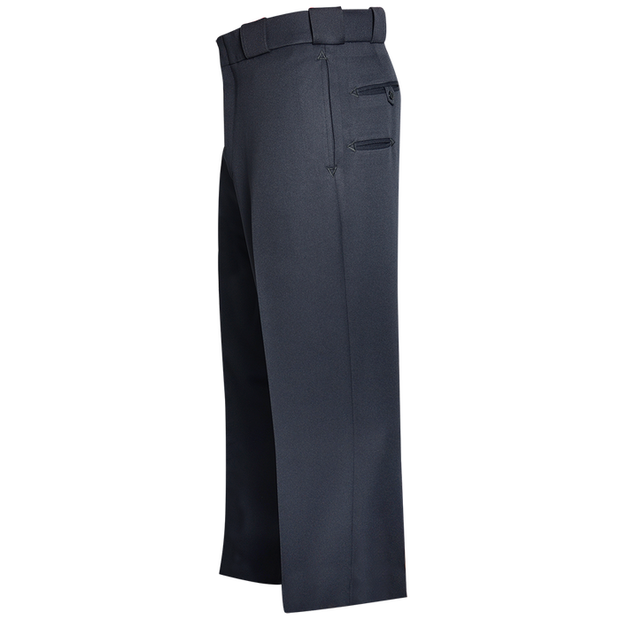 Product shot of dark-grey uniform pants featuring two zippered pockets and a sharply creased leg showing subtle stitching details