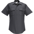 Flying Cross short-sleeved charcoal gray men's uniform shirt featuring two buttoned chest pockets and a classic collar with black buttons