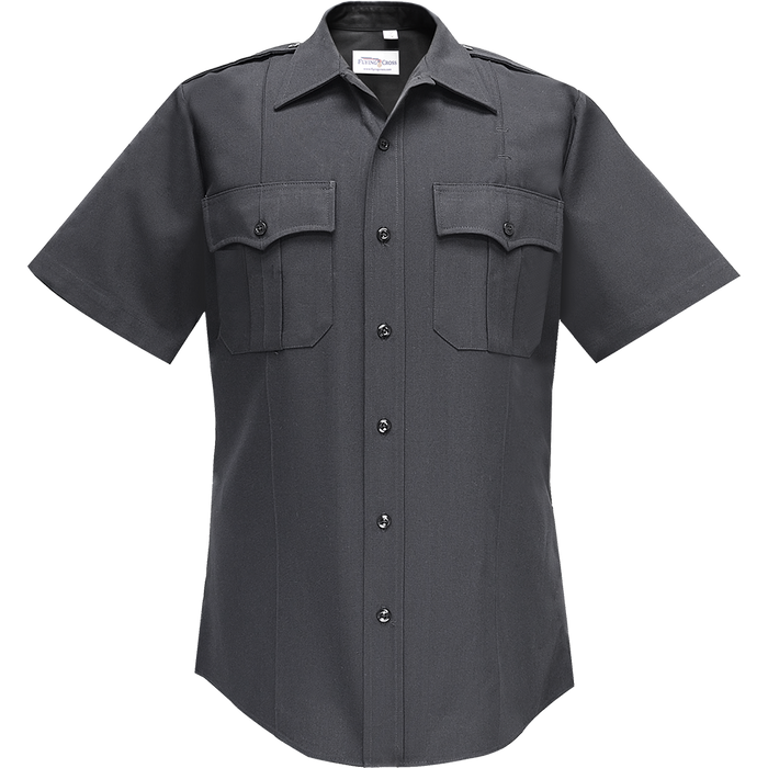Flying Cross short-sleeved charcoal gray men's uniform shirt featuring two buttoned chest pockets and a classic collar with black buttons