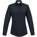 Product shot of a Flying Cross women's long-sleeved, dark navy work shirt featuring a contrast fabric panel, button-down collar, and a breast pocket